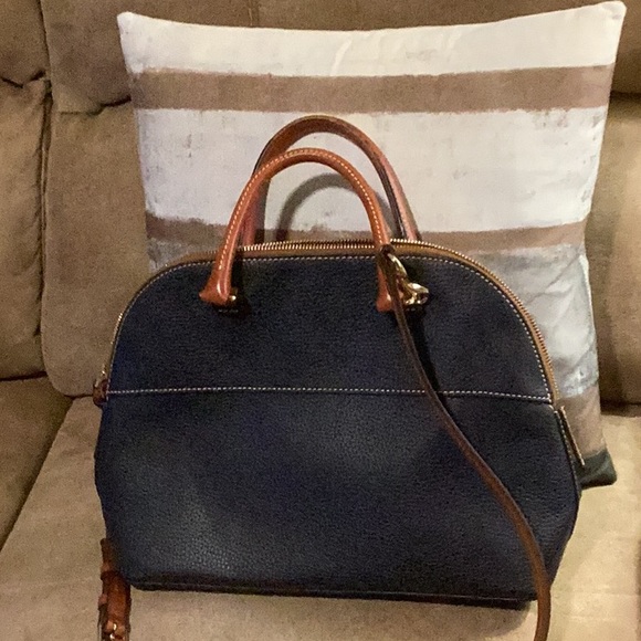 Dooney and Bourke Blue leather satchel bag with tan trim - Picture 2 of 4